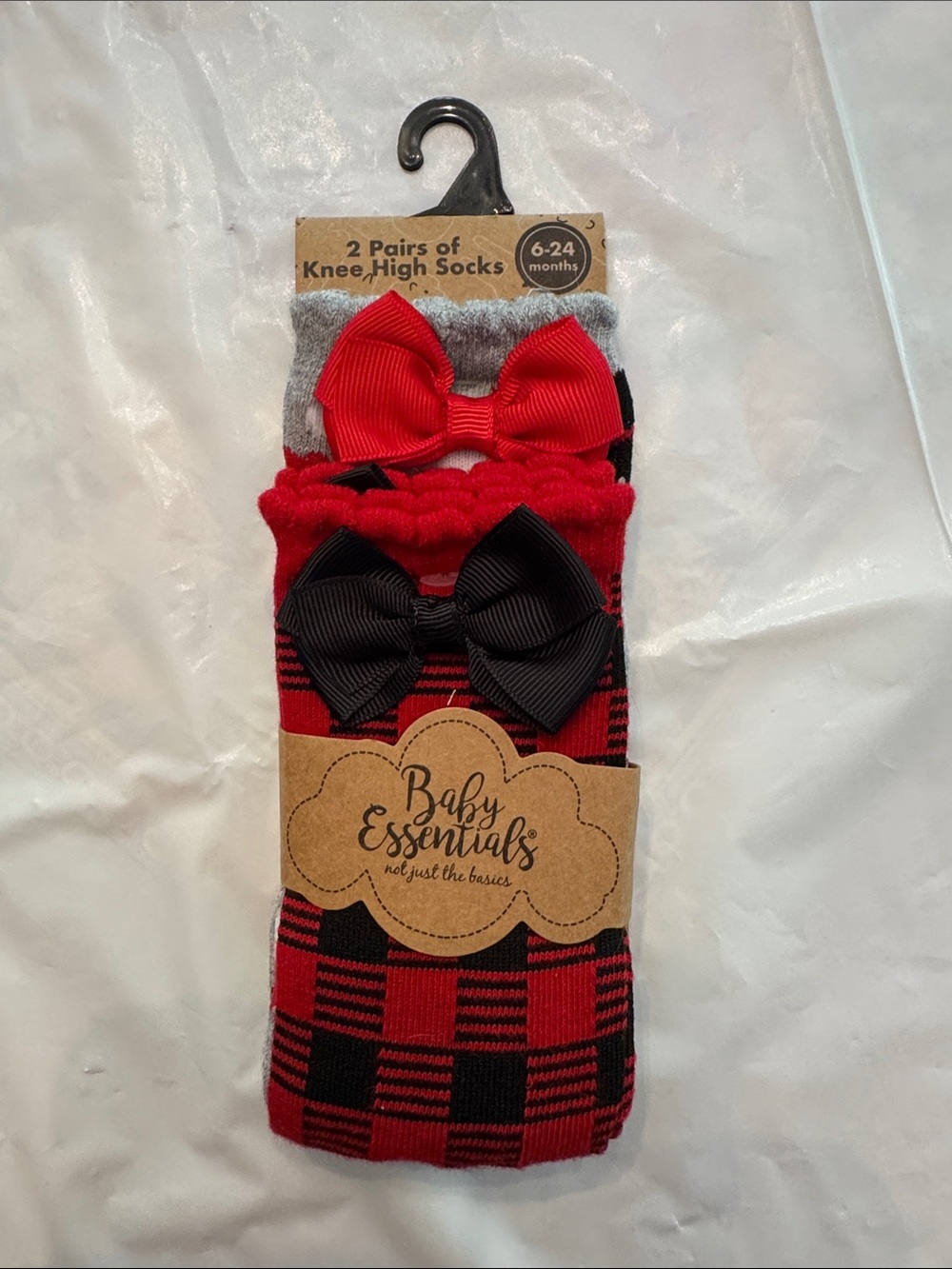 Baby Essentials Red & Black Plaid Knee-High Socks with Bow Accents (2 Pairs)